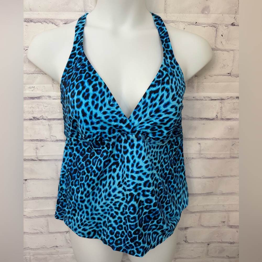 Jantzen Classics Size 16 Women’s Aqua‎ Blue Black Animal Print Tankini Top Swim